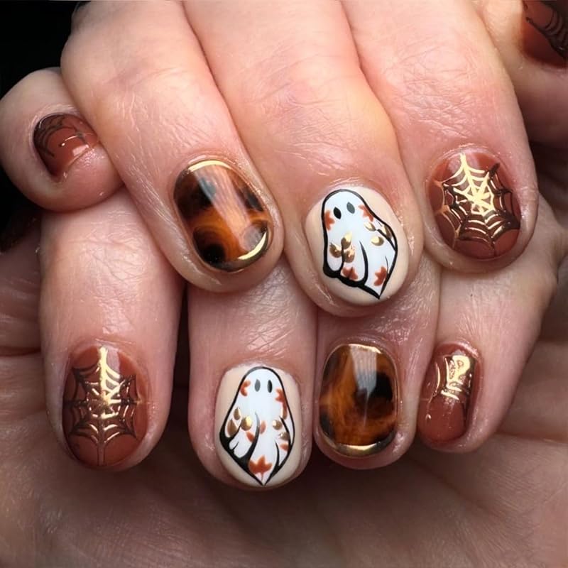 Хэллоуин Короткие Накладные Ногти Черный Французский Маникюр Искусственные Ногти Глянцевые С Блестками Ложные Ногти с Рисунками Паутины Милые Призраки Акриловые Ногти Нюдовые Полностью A01