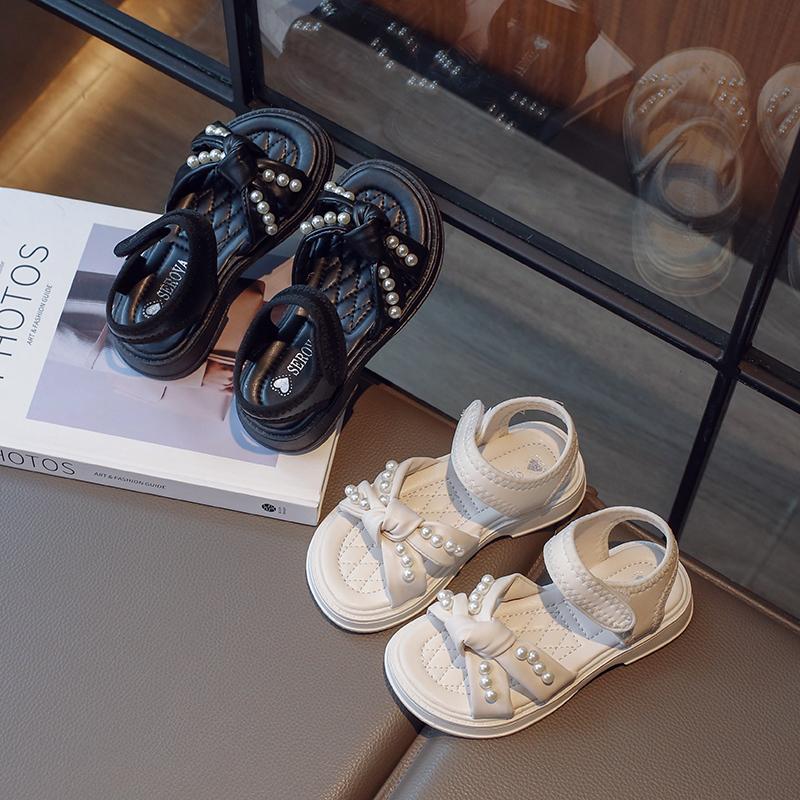 Girls Beach Shoes Soft Sole Non-slip Kids Princess Shoes Sweet Pearls 2025 Summer Children Sandals Soild Color Versatile Trendy