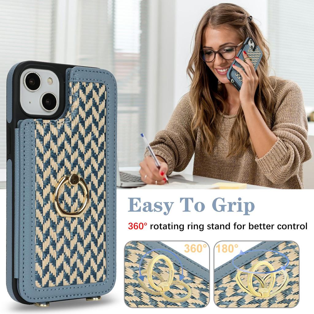 Pro iPhone 14 Plus/15 Plus Pouzdro s držákem na karty, Stojánkem, RFID blokováním PU+TPU Zadní kryt telefonu