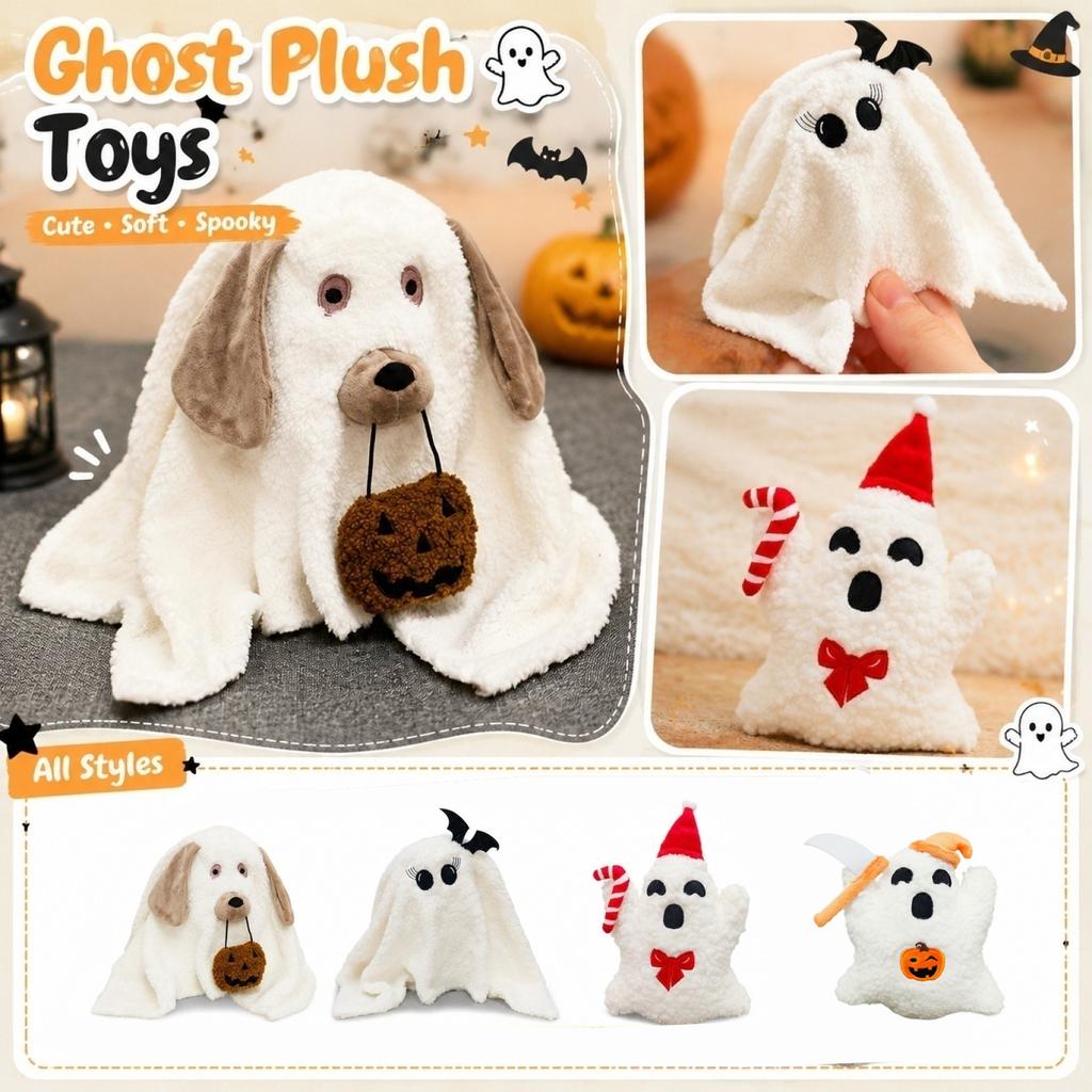 Plush Ghost Dog Toy Soft Stuffed Animal Halloween Decoration with Pumpkin Accessory for Kids and Collectors