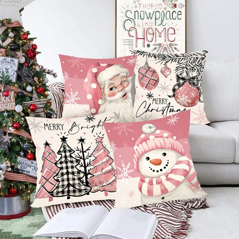 4pcs Pink Christmas Snowman Pillowcase Navidad Natal Noel Tree Cushion Cover Christmas Decorations For Home 2026 New Year 2026