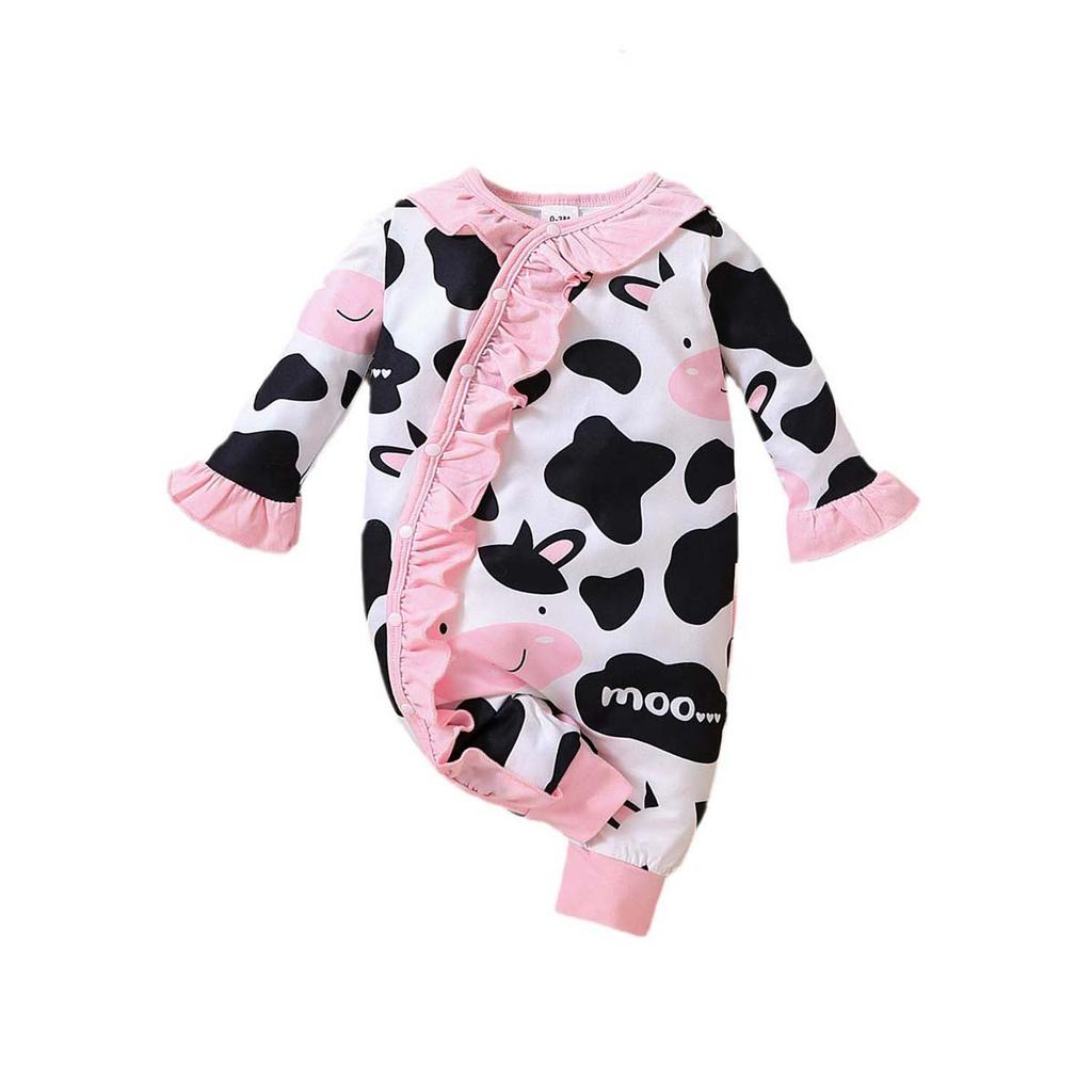 Infant Girls Ruffled Long Sleeve Romper Spring Autumn Cow Print Baby One piece Crawling Jumpsuit Fashion Comfortable Infant Bodysuit