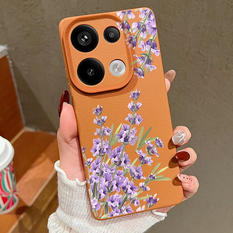 Purple Floral Pattern Leather Texture TPU Matte Case For Xiaomi 13T Pro Poco X7 X6 M6 Redmi 13C Note 14 Pro 13 12 11 Slim Shockproof Soft Phone Cover