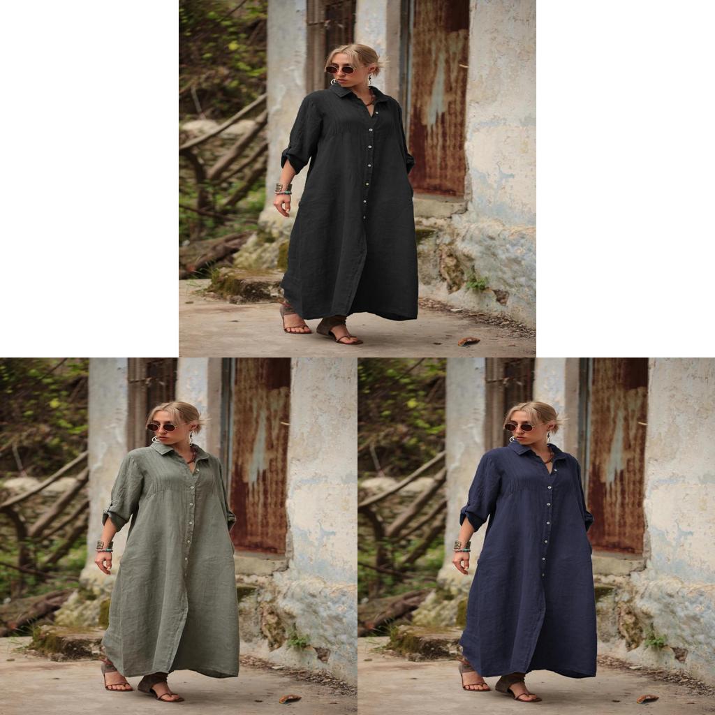 Cotton Linen Long Dress With Shirt Collar For Elegant Casual Wear