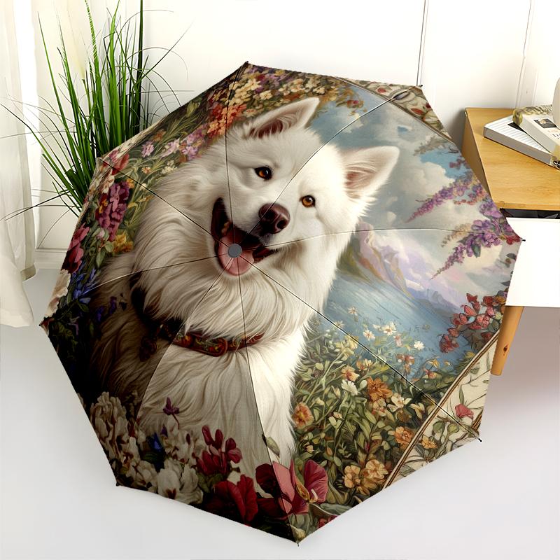 Samoyed and Plant Pattern, Automatic Folding Umbrella, Portable and Foldable Design, 8 Ribs, a Christmas or Birthday Gift.