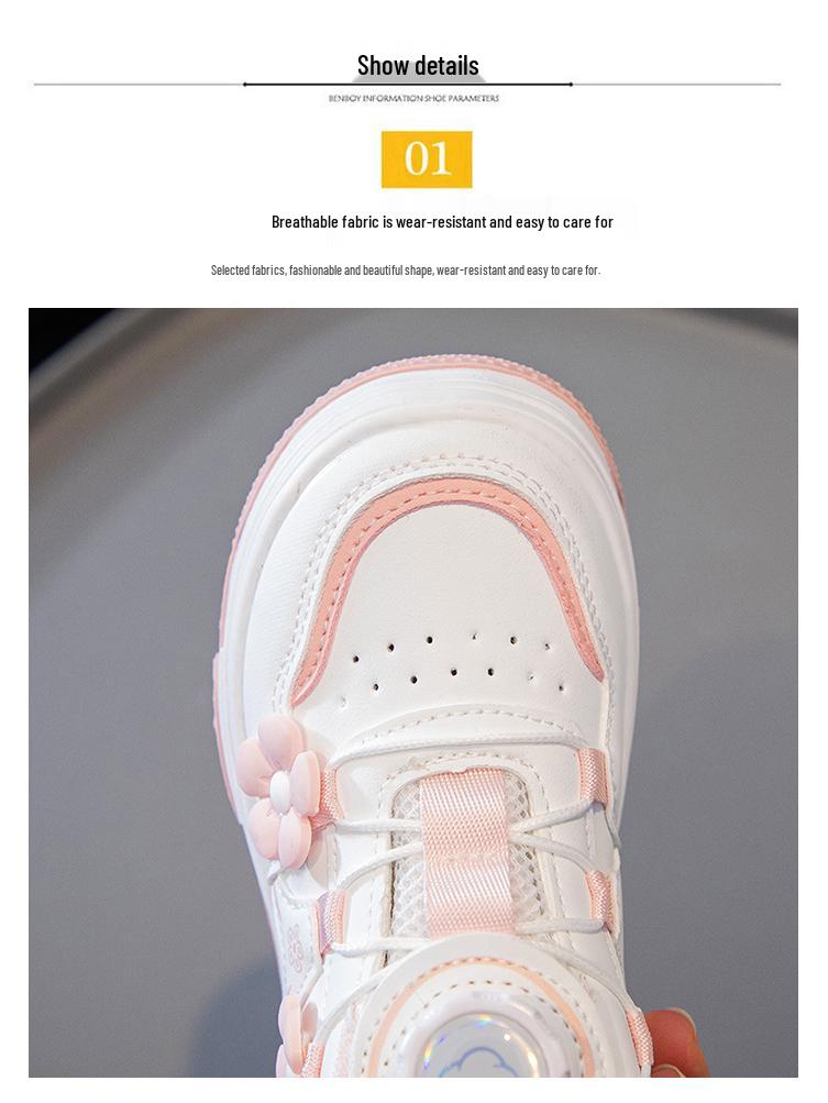 2026 Spring Floral Girls' Skate Shoes with Rotating Button - Fashionable White Sports Sneakers