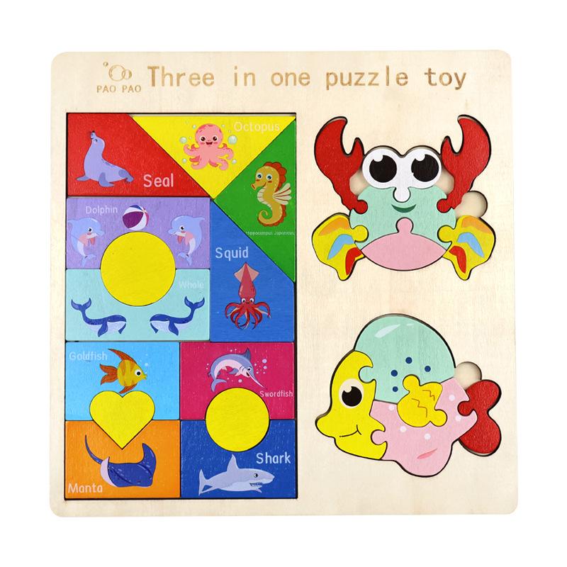 3 In 1 Wooden Tangram Jigsaw Puzzle Toy Educational Creative Geometric Shape Color Cognition Wood Building Blocks Gifts for Kids