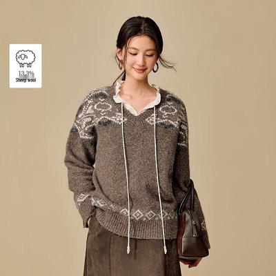 INMAN Damen Retro Jacquard V-Ausschnitt Drop Shoulder Pullover