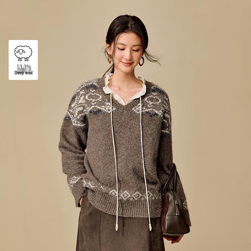 

Женский ретро-джемпер INMAN с жаккардовым узором, V-образным вырезом и приспущенным плечом XL