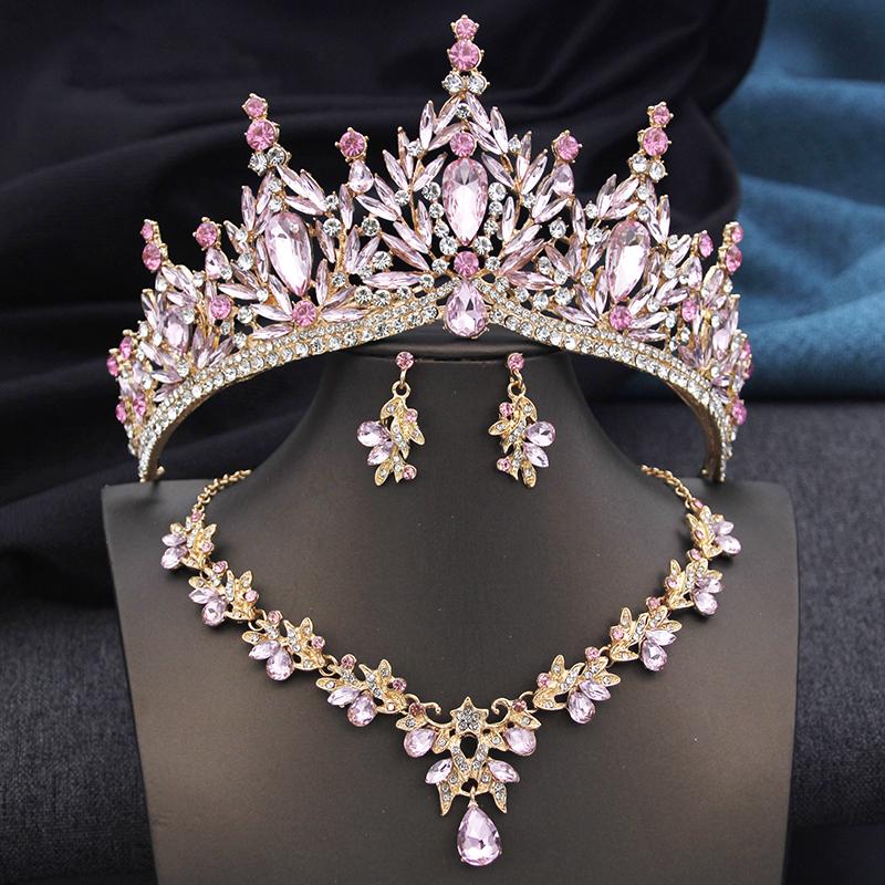 3 Pcs Set Purple Tiaras and Crowns Costume Jewelry Set for Bridal Crown Jewelry Sets Women Party Wedding Crown Necklace Set