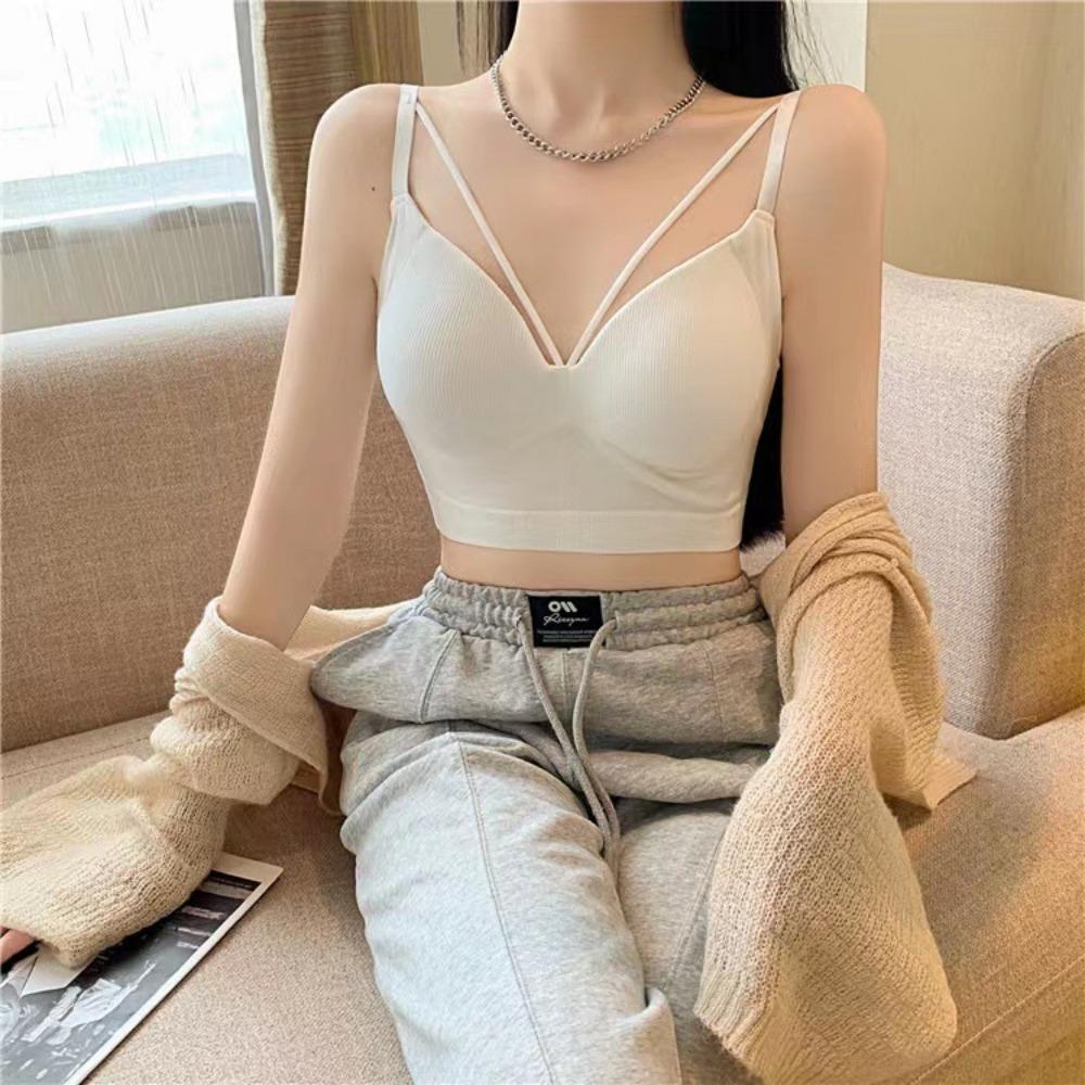 New One-piece Cup Careful Machine Double Shoulder Small Suspender Deep V Chest Wrap Vest Versatile Inner Wear Outer Wear Gather Tube Top Women