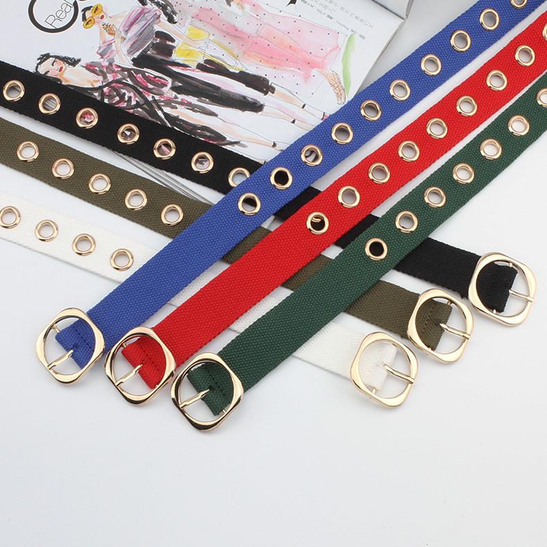 Color Solid Simple Porous Design Women Casual Canvas Belt With Buckle Square