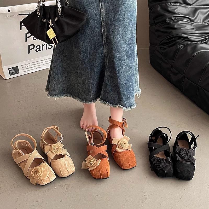 Vintage Flower Round Head Ballet Shoes Spring Cross Strap Casual Single Shoes Women's Shallow Mouth Evening Breeze Gentle Flats
