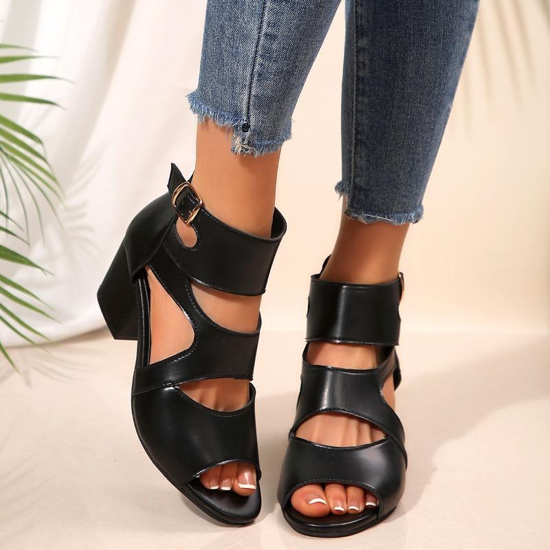 Fashion Large Size 36-43 Elegant Short Chunky Platform Sandals Women Summer 2025 Black Leather High Heel Sandals Office Women's Shoes
