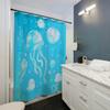 Cartoon Jellyfish & Ocean Scene Shower Curtain - Vibrant Blue Polyester, White Jellyfish/Bubbles/Stars, All-Season Design