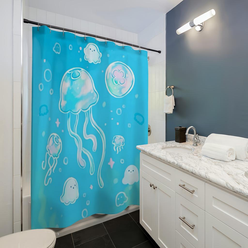 Cartoon Jellyfish & Ocean Scene Shower Curtain - Vibrant Blue Polyester, White Jellyfish/Bubbles/Stars, All-Season Design