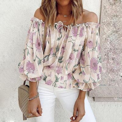Top y Camisa Casual de Moda para Mujer, Estampado Floral, Manga Larga, Hombro Descubierto, Primavera-Otoño