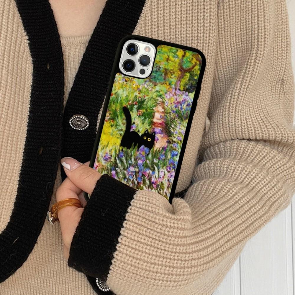 Cartoon Animal Black Cat Oil Painting Phone Case Silicone PC+TPU For For iPhone  11 12 13 14 15 16 Plus Pro Max Cover