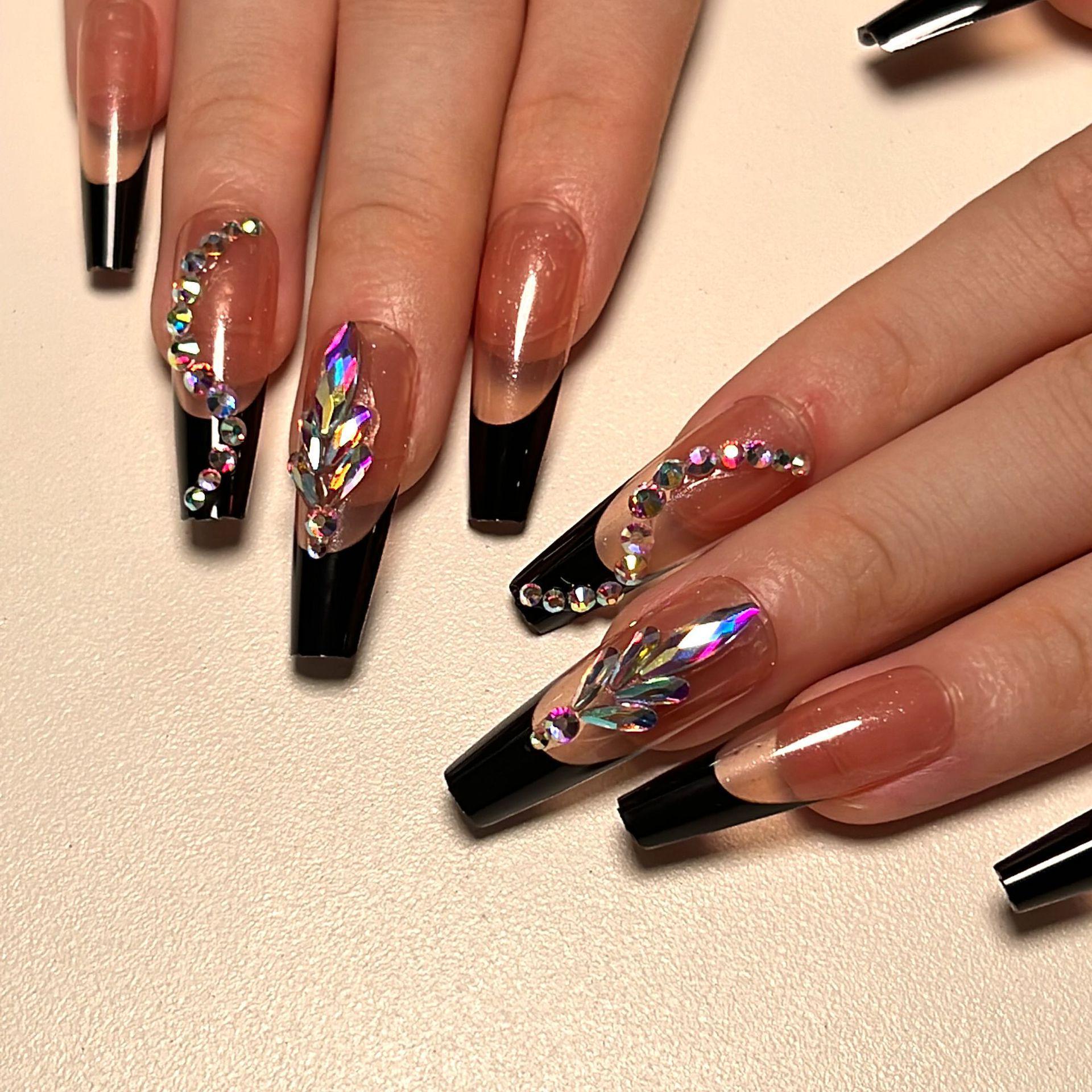

Black French Style Wearable Nails with Light Pink Rhinestone Tips JP2446 [Glue Version]