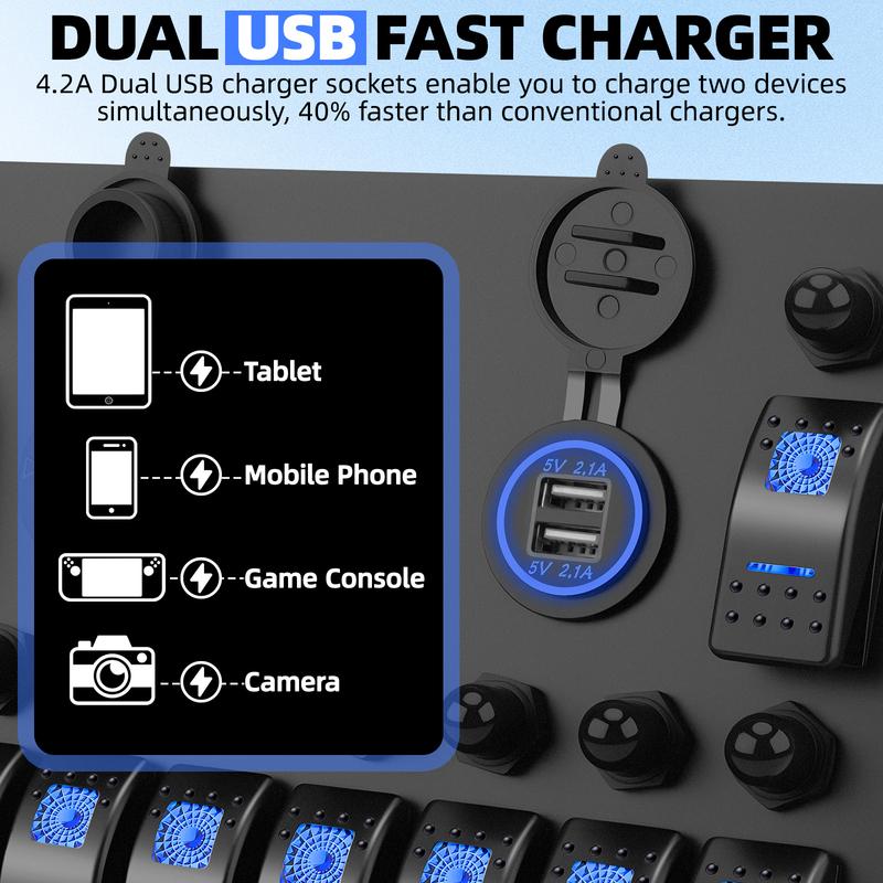 10 Gang Switch Panel Waterproof Boat Rocker Switch Panel With 4.2A Daul USB Socket + 12V Voltmeter+Cigarette Lighter Socket