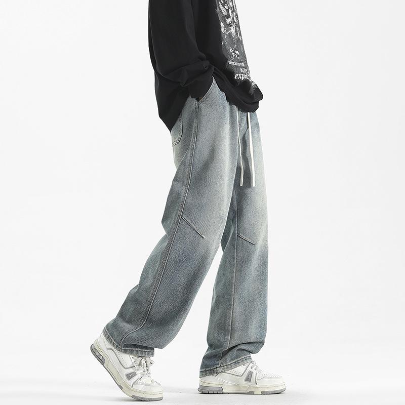Spring and Autumn New American Retro Washed Jeans Men's Loose Straight-Piece Elastic Waist Wide Legs
