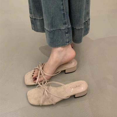 Nuevo Estilo de Sandalias de Mujer con Tacones Gruesos Zapatos de Tacón Bajo con Tiras Finas y Zapatillas