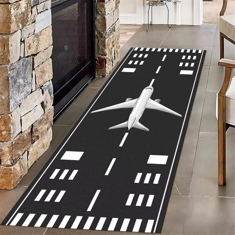 Airplane Runway Aviation Themed Long Runner Rug Kids Traffic Game Play Mat Non Slip Hallway Bedroom Household Floor Carpe