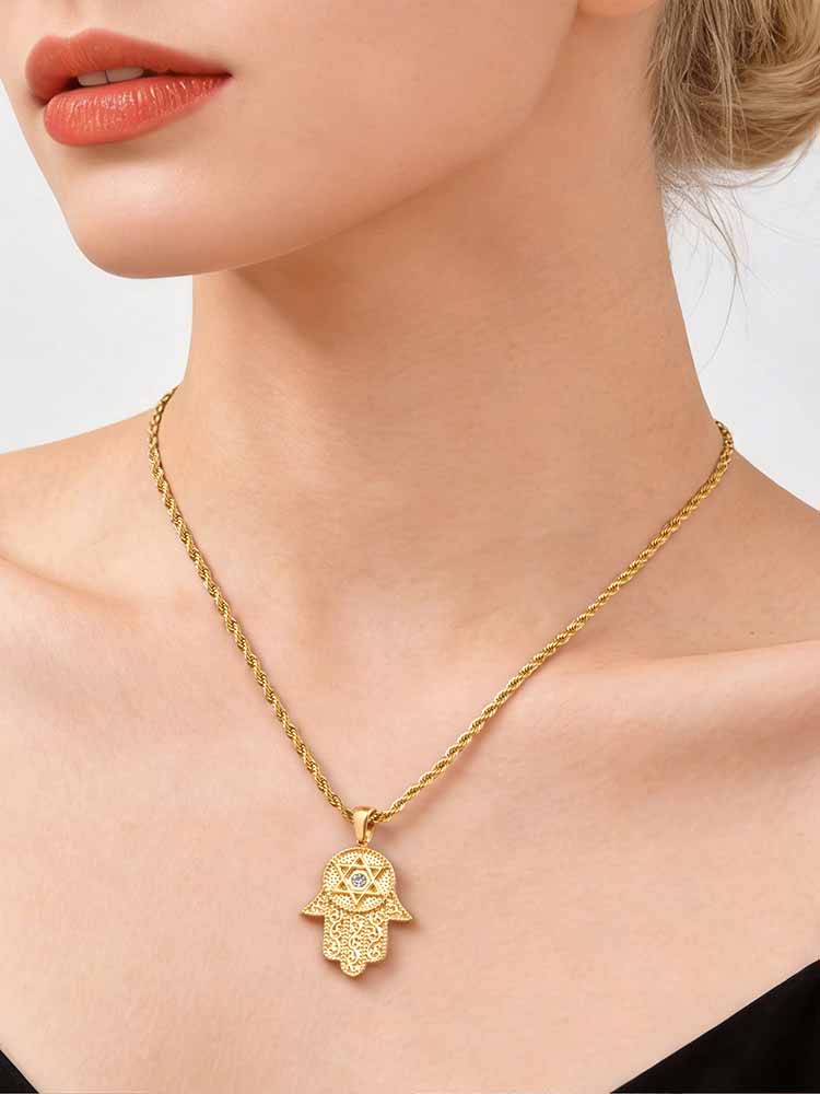 Hamsa Hand Star of David Necklace 18K Gold Plated Stainless Steel Protection Amulet Cubic Zirconia Pendant for Women