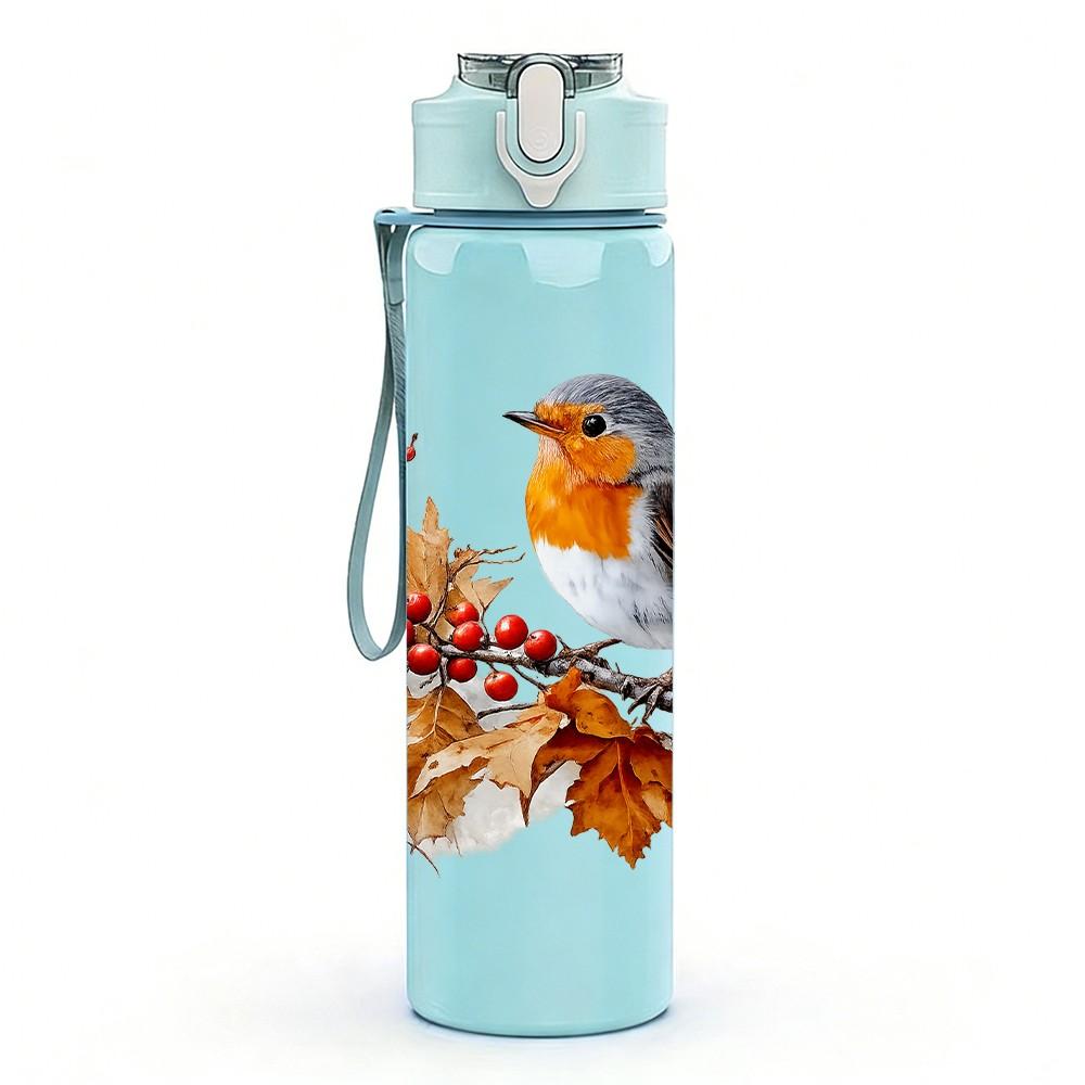 1PC Robin Bird Berry Branch Print 750ml Color Plastic Sports Water Bottle Leakproof Flip Straw Lid Suitable for Sports Office Home Use