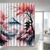 1Pc Fuji Cherry Blossom Pattern Shower Curtain, Polyester Fabric, Machine Washable, With Hooks, Suitable For Bathroom Decoration