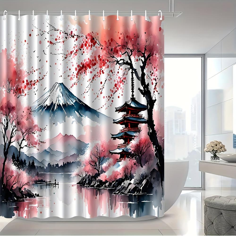1Pc Fuji Cherry Blossom Pattern Shower Curtain, Polyester Fabric, Machine Washable, With Hooks, Suitable For Bathroom Decoration