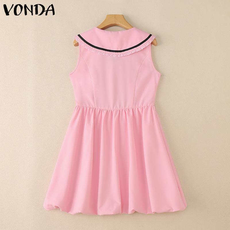 VONDA Women Naval Collar Sleeveless Crochet Hem Slim Waist Pleated Dress