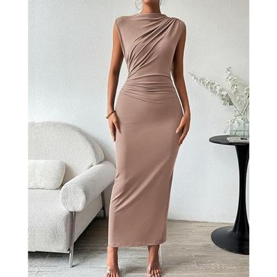 Vestido de Verão Feminino Sem Mangas com Fenda nas Costas Plissado Justo