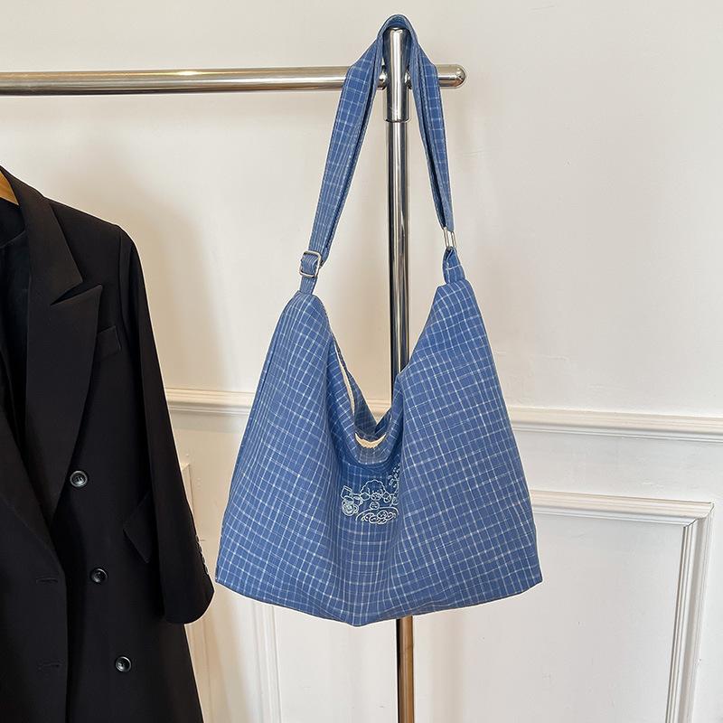 

Plaid bag women s large-capacity new summer versatile casual messenger bag college student class tote bag синий