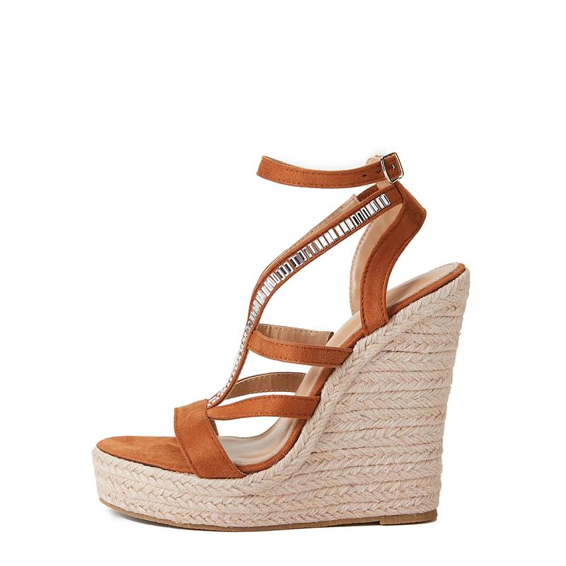 Letní Dámské 12,5cm Vysoké Podpatky Klínky 3,5cm Platforma Kamínkové Sandály Pletené Gladiátorky Hnědé Fetiš Boty