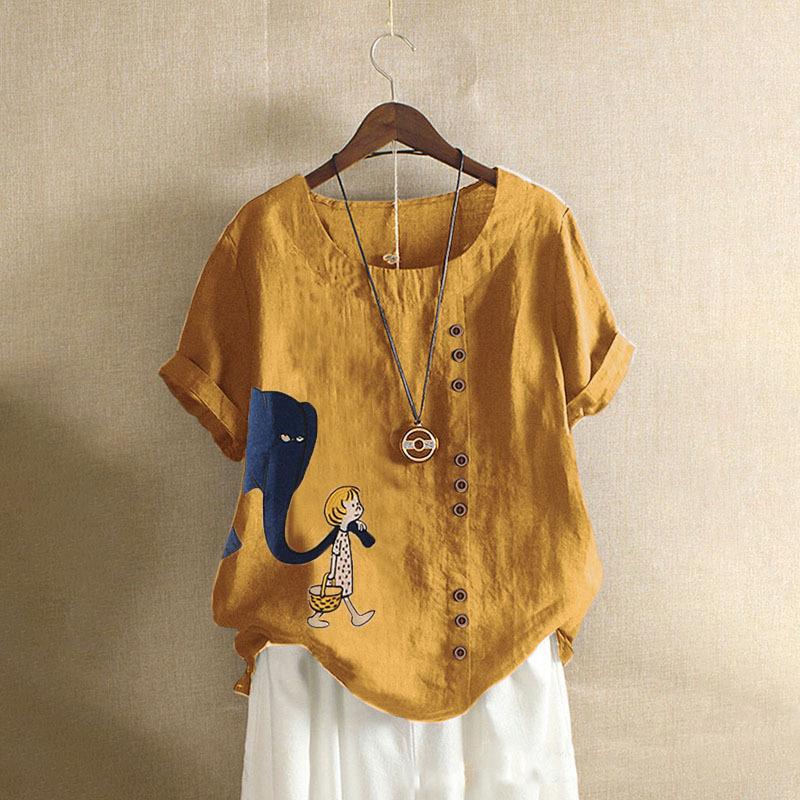 GMXIA Summer Vintage Plus-size Casual Loose Cotton and Linen Short Sleeve Pullover T-shirt Cotton and Linen Women Plus-size Women's Wear