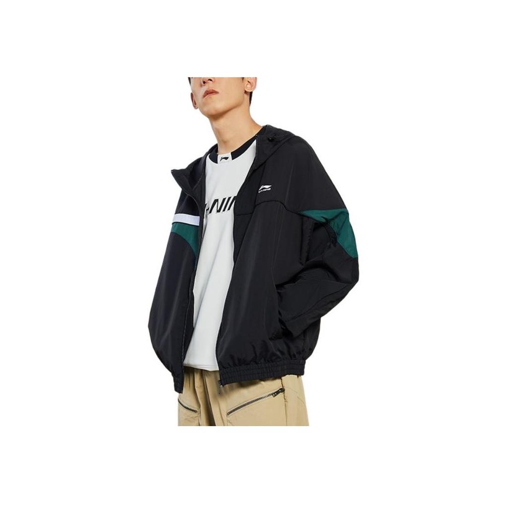 Li Ning Sports Trend Series Color Block Loose Hooded Woven Sports Jacket Autumn Men Jacket Black AFDT529-2