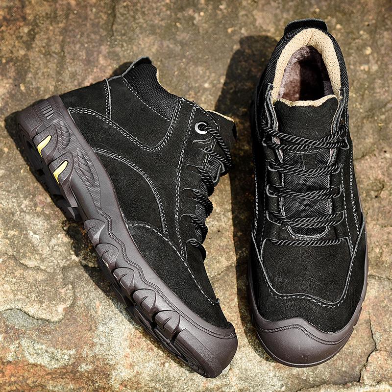 Genuine Leather Mens Ankle Boots Autumn Winter High Top Shoes Non Slip Walking Shoes Lace Up Male Snow Motorcycle Boots Sneakers