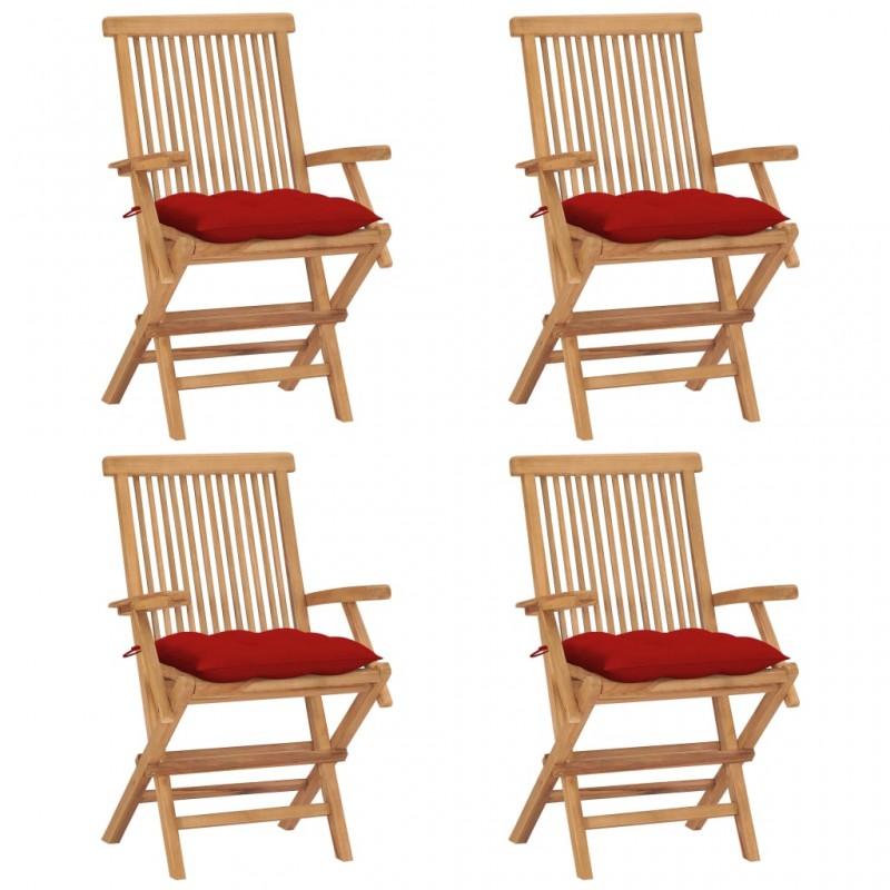 Día y Noche - Día y Noche Sillas de jardín 4 uds madera maciza de teca con cojines rojos