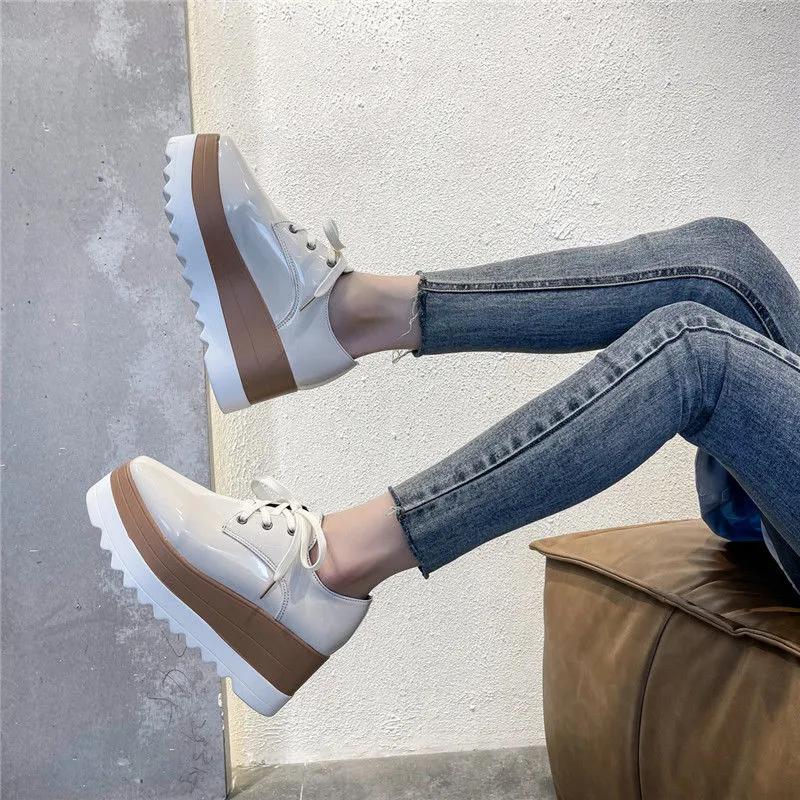 Women's 41-Size British-Style Patent Leather Lace-Up Loafers - Wedge-Heeled Platform, Thick-Soled