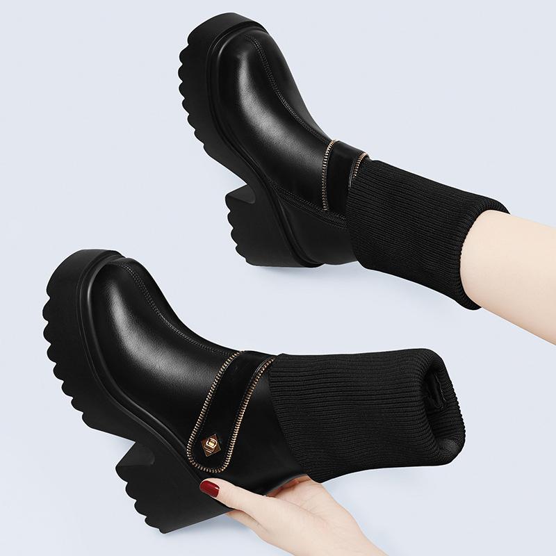 Coarse heel wool medium tube British Martin boots women's versatile high and thin solid color thick sole single boots women's super high heel