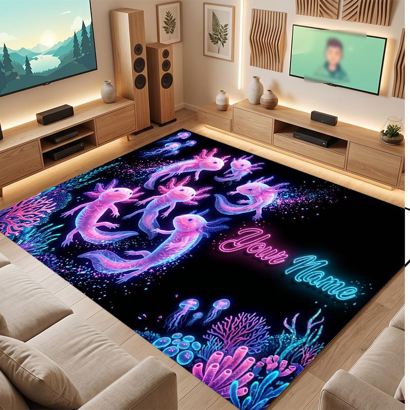 Axolotl Theme Soft Crystal Velvet Rug Custom Name & Text Print Non Slip Floor Rug for Bedroom Living Room