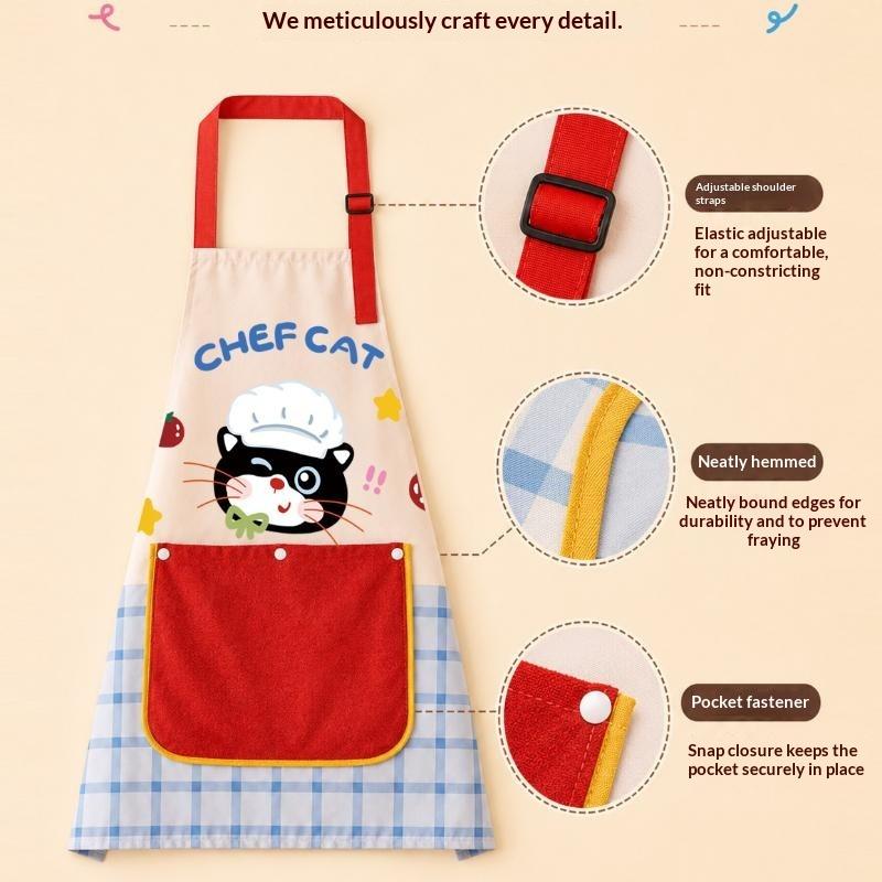 Cute Chef Cat Kitchen Apron Non-Toxic Fabric Adjustable Strap Big Pocket for Parent-Child Cooking Baking