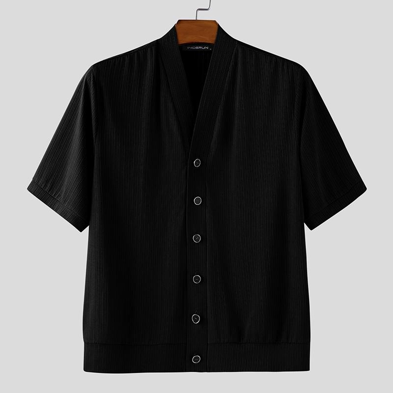INCERUN Men Shirts Casual Collarless Short Sleeve Buttons Up Tops