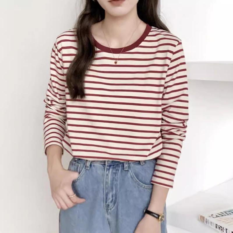 Fruit Green Striped Color Matching Round Neck Long-sleeved T-shirt Women's Spring Loose and Thin Temperament Commuter Bottoming Top
