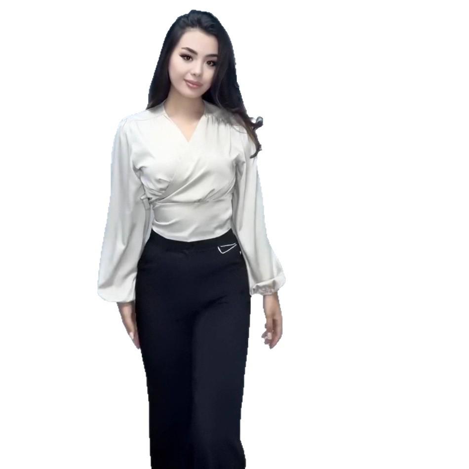 2025 Autumn European & American Style Women's Irregular V-Neck Tie-Up Top