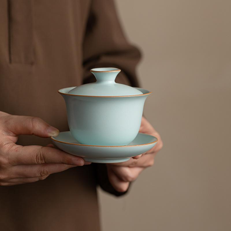 Tianqing Ru Kiln Sancai Cover Bowl Teacup Single Anti-scalding Belt Cover Tea Three-piece Tea Set Tea Set Not Hot for Household Use