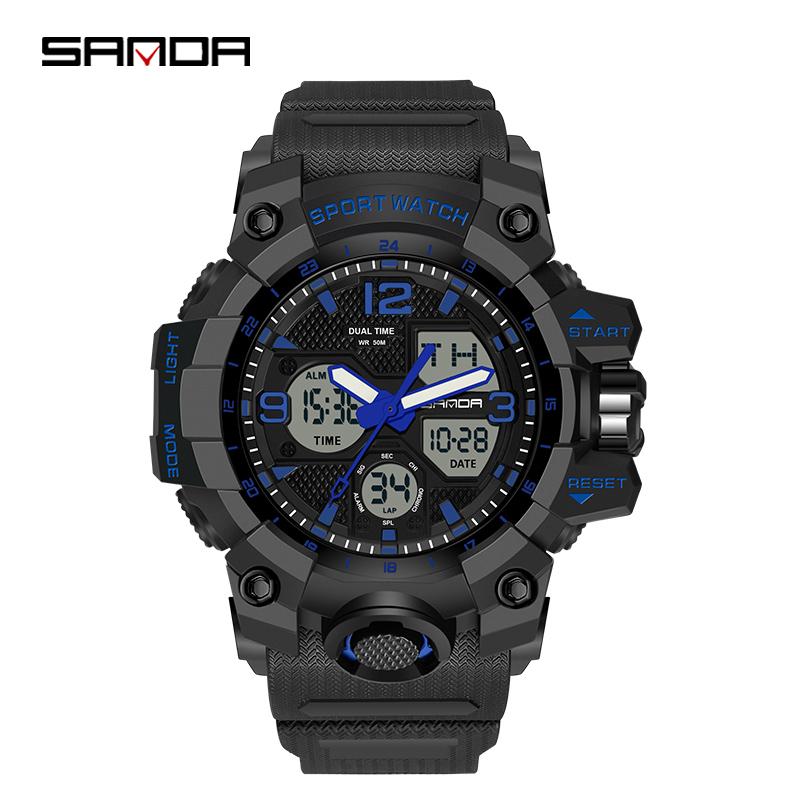 Fashion SANDA 6030 Men's Electronic Watch Outdoor Sports Multi functional Dual Display Waterproof LED Men's Electronic Watch
