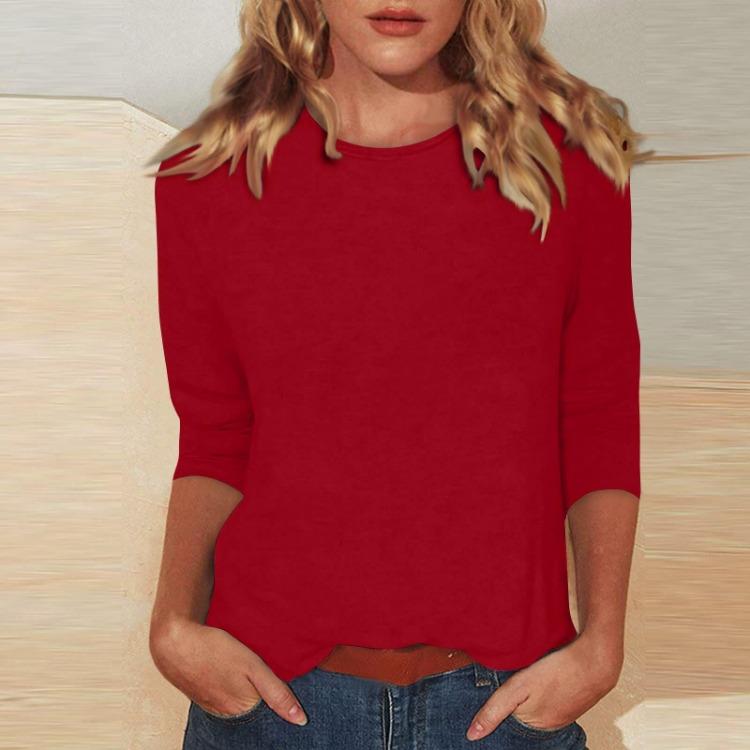 Top Casual a Colore Unico da Donna con Scollo a O e Maniche a Tre Quarti