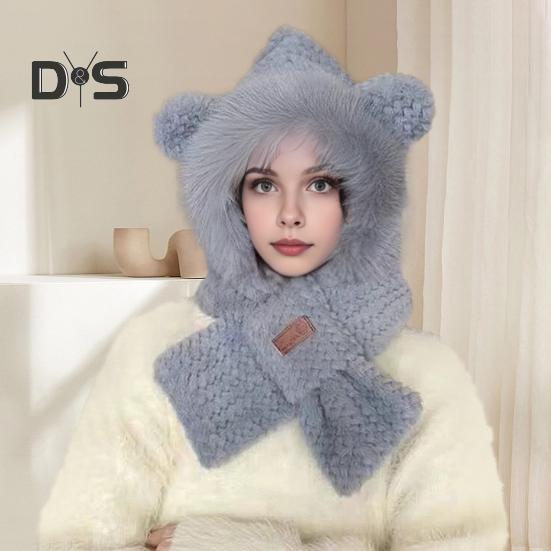 Women Winter Integrated Hat And Scarf Thick Fleece Warm Cartoon Fox Ear Decor Windproof Full Protection Outdoor Travel Cold Weather Snowboarding